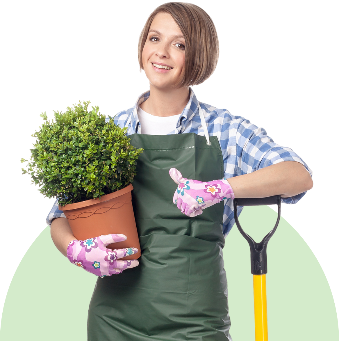 Gardener holding potted plant and shovel.