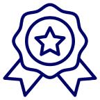 A blue award ribbon with a star in the center.