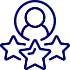 Icon of a user surrounded by three stars representing high rating.