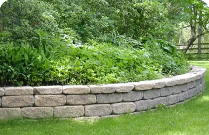 Stone retaining wall with lush greenery above and grass below.