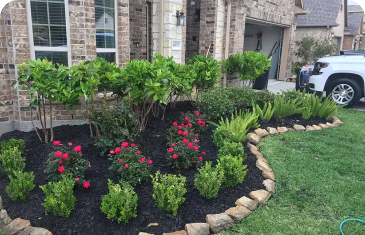 A neatly landscaped garden bed with red flowers and trimmed green bushes.