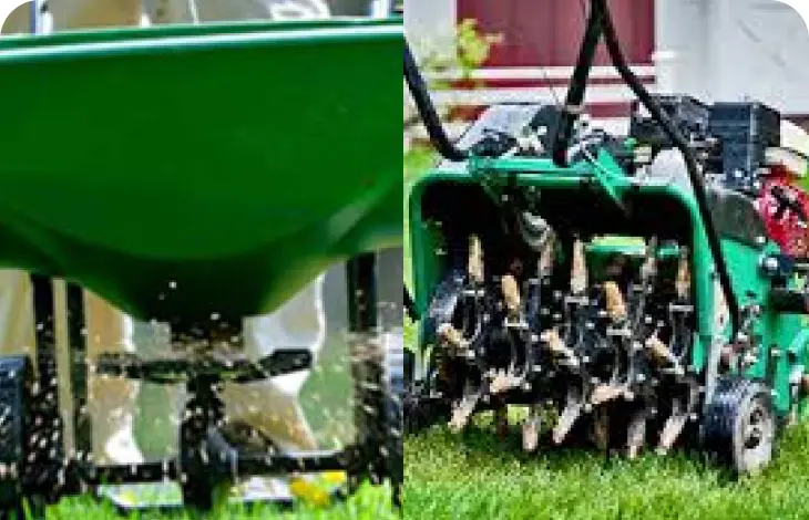 Close-up of agricultural machinery spreading seeds on farmland.