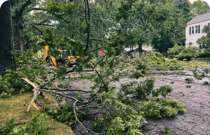 Storm-damaged trees and debris blocking a street in a residential area.